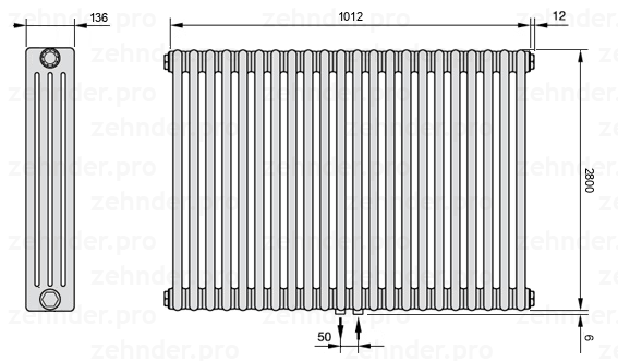 Схема (чертеж) Радиатор Zehnder Charleston 4280/22 №5410 Белый глянцевый RAL 9016